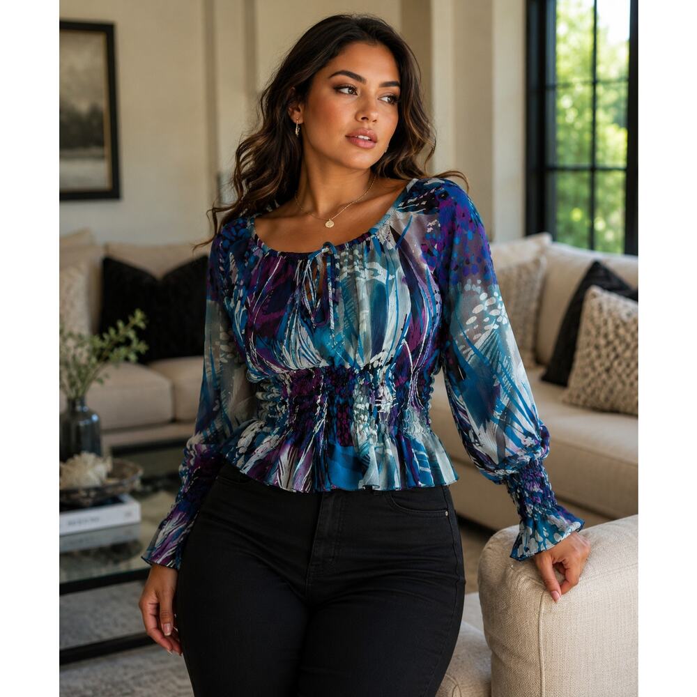Ivy Chic New York XL Boho Peasant Blouse Blue Purple Sheer Smocked Top NWOT